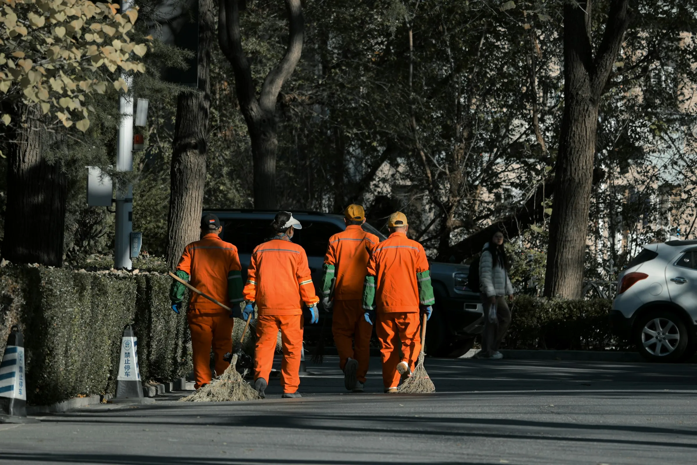 Four street cleaners in orange uniforms, seen from behind, sweep a tree-lined city street.