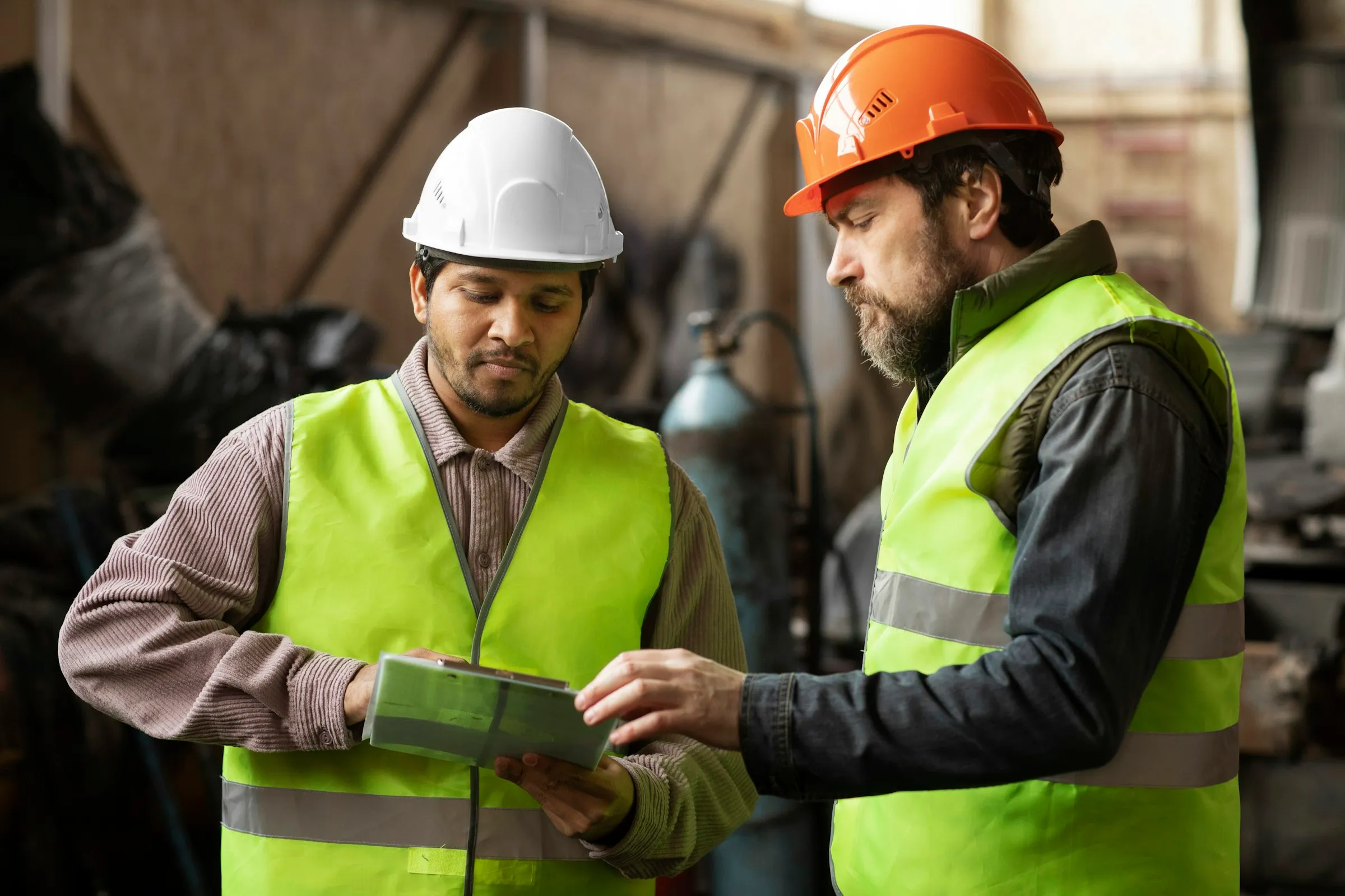 Two workers in hard hats and hi-vis vests go over a job sheet together on a clipboard in a workshop.