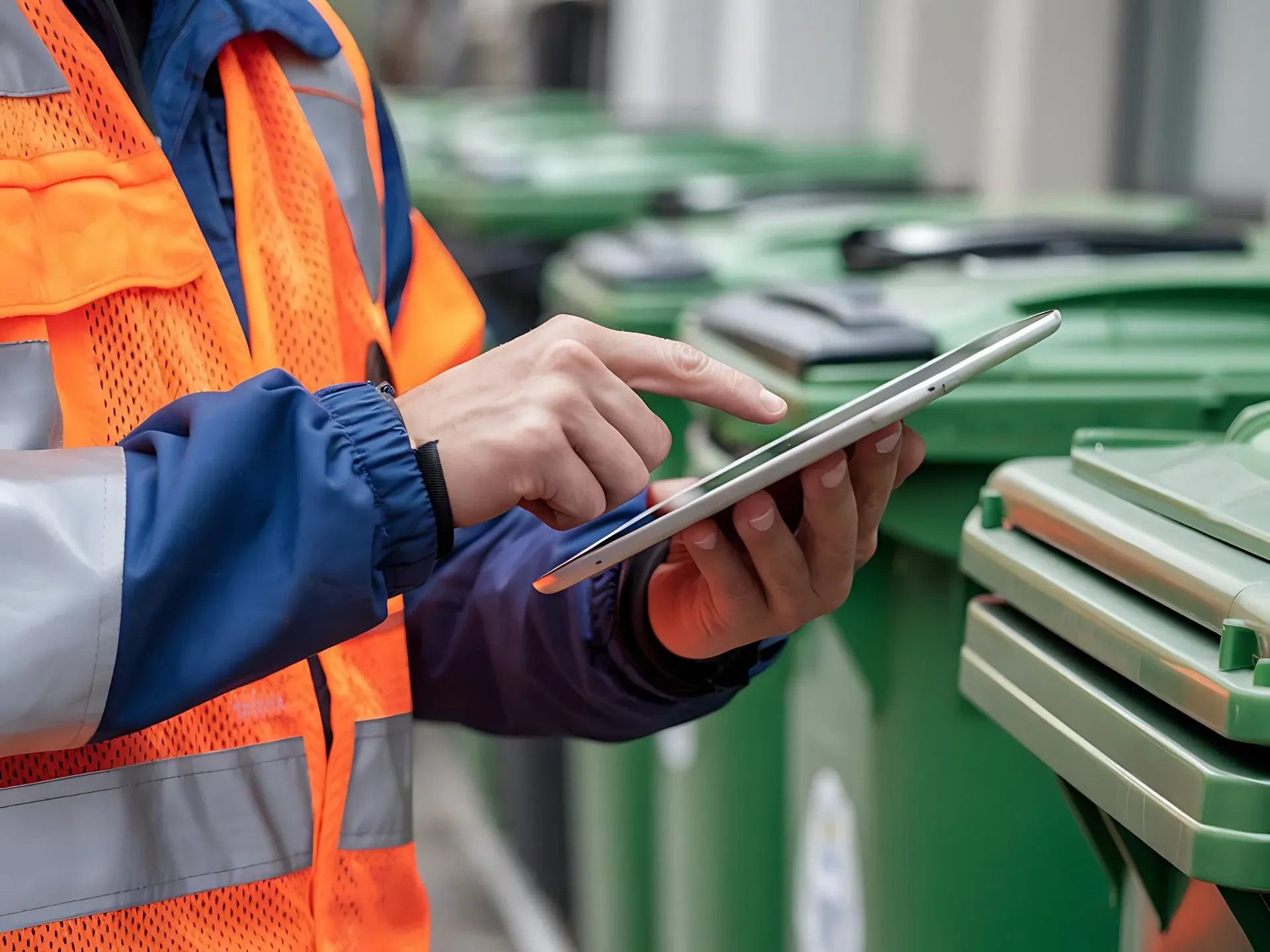 Worker in a safety vest using a tablet next to a row of green waste bins