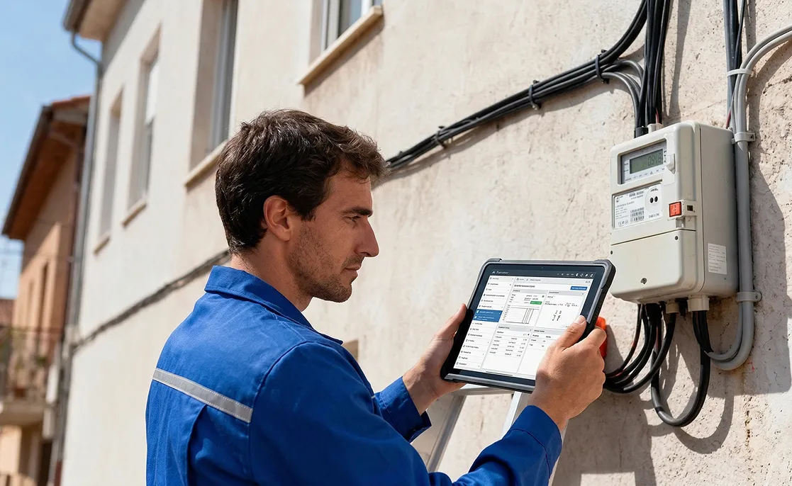 Technician in a blue uniform using a tablet next to an electricity meter mounted on a wall