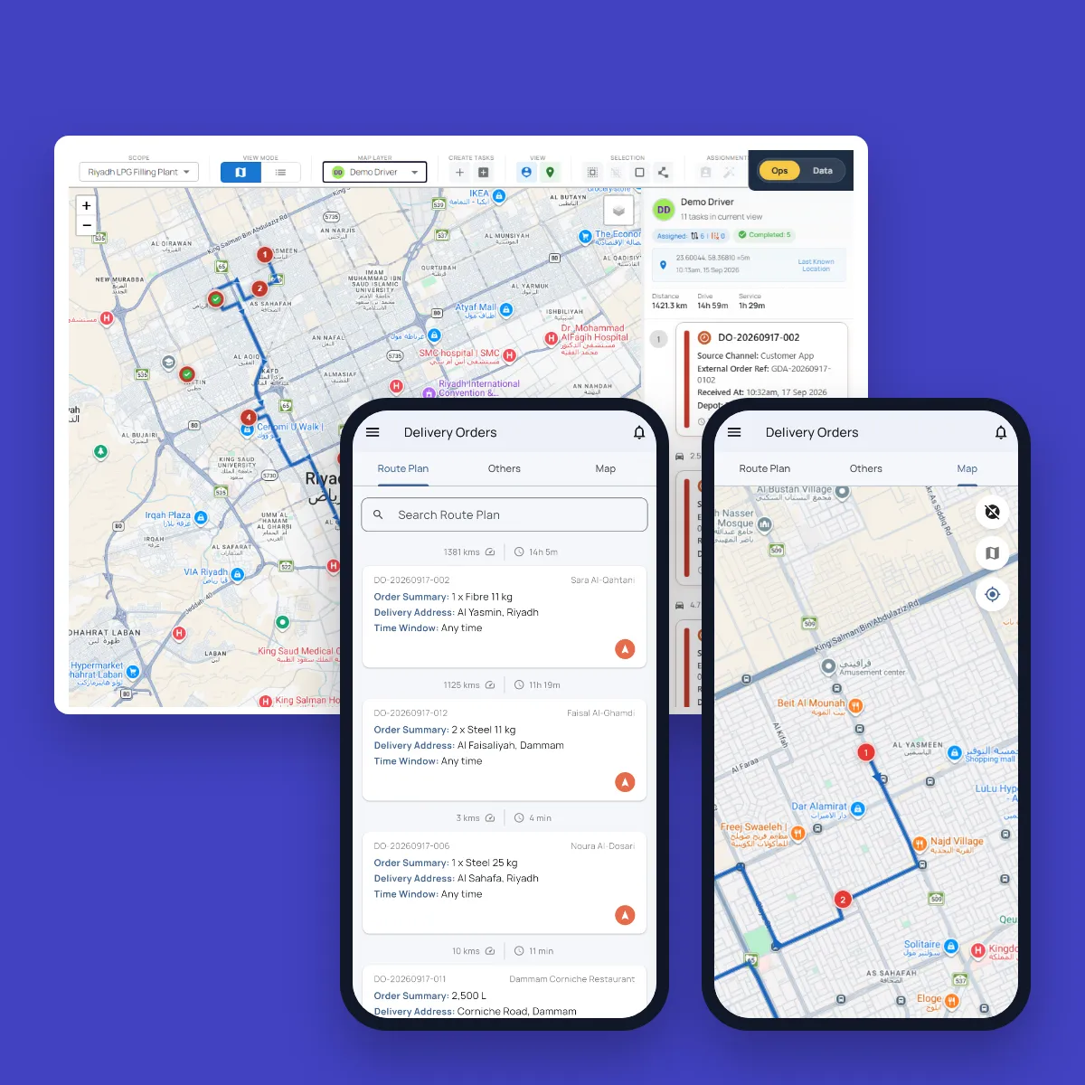 Delivery Orders map in the web console for an LPG filling plant, with a driver’s numbered stops across Riyadh, next to the Pocket route plan listing cylinder orders and a 2,500 litre bulk order