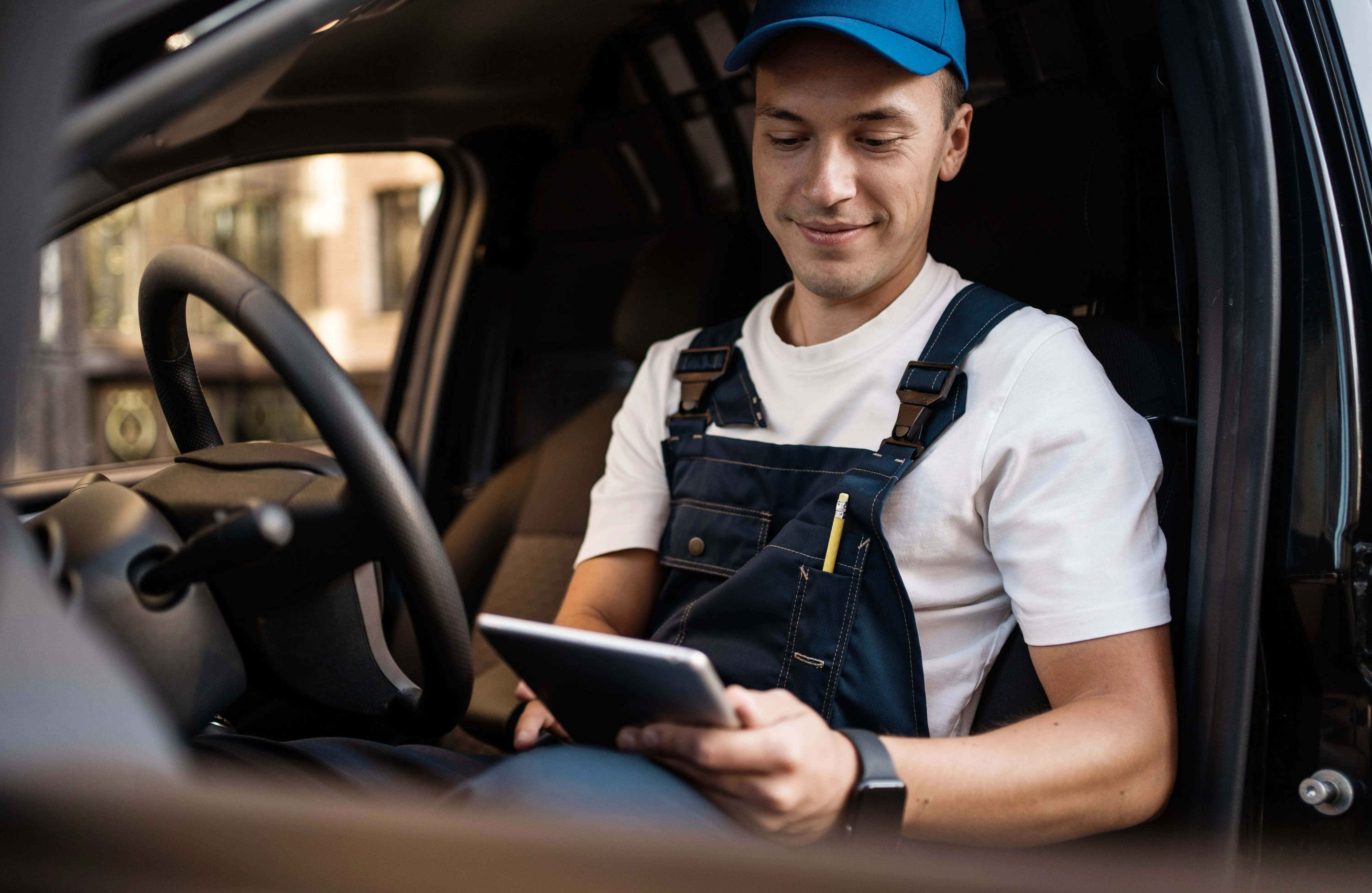 Driver in overalls and a cap checking a tablet in the cab of a van