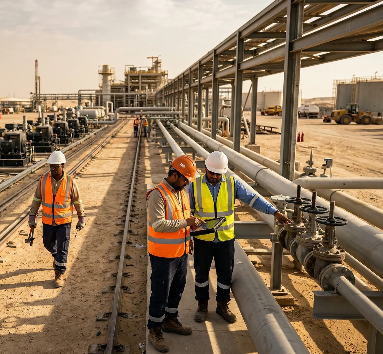 Two industrial workers in safety vests and helmets inspecting pipelines and valves at an outdoor oil or gas facility.