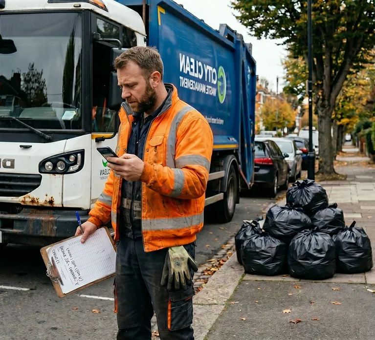 Sanitation worker in a reflective jacket checking a phone next to a waste collection truck