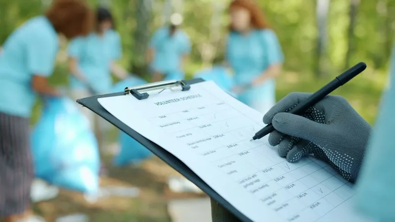 A gloved hand filling in a paper checklist on a clipboard outdoors