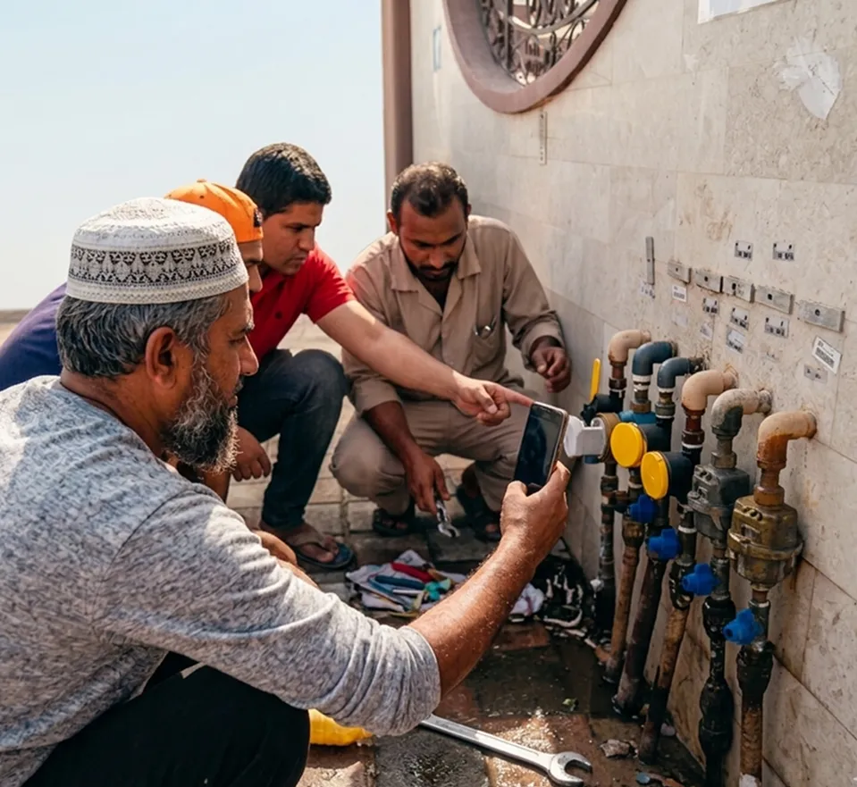 Field engineers reviewing a water meter installation on a phone