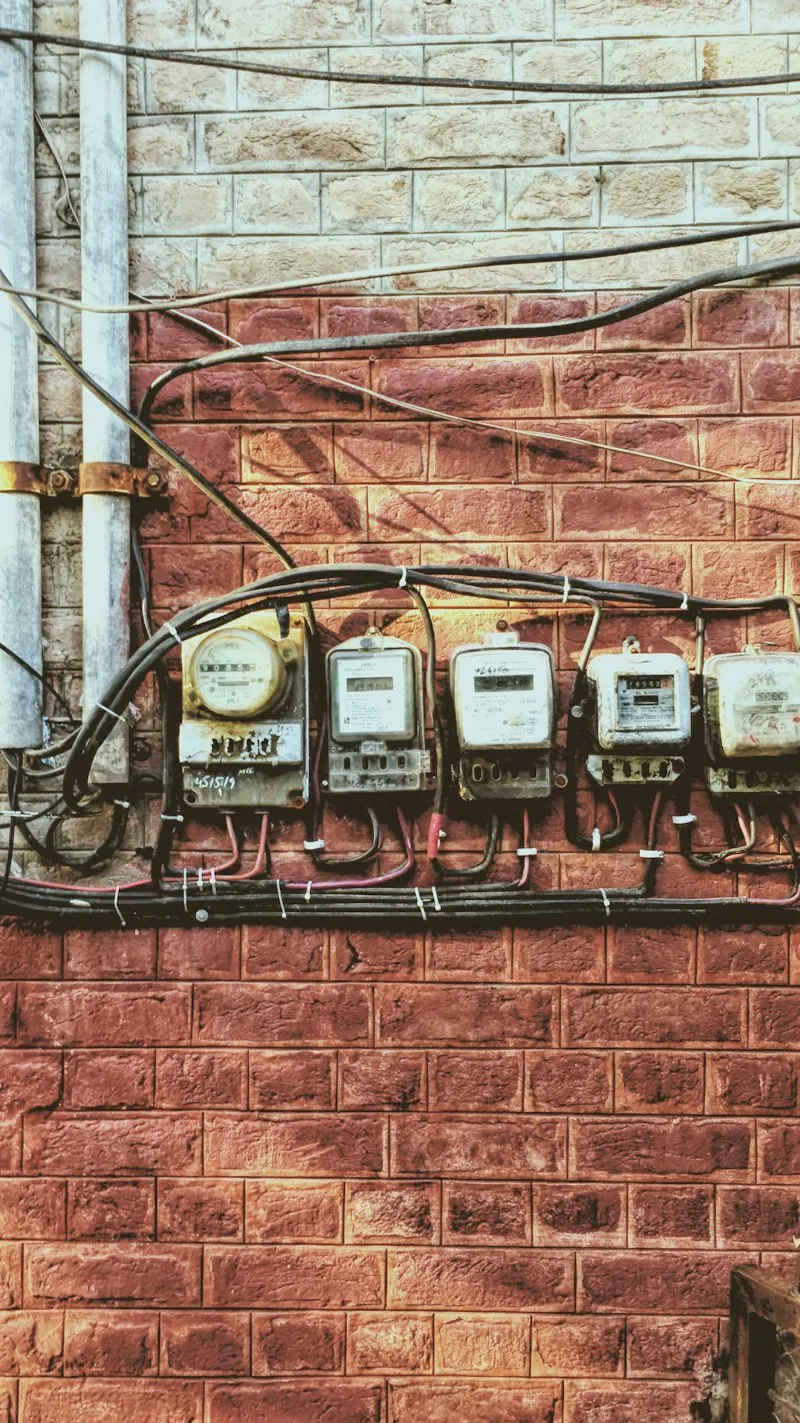 A row of five old electricity meters mounted side by side on a red brick wall, with cables running between them.