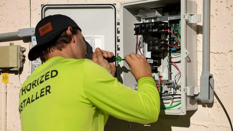 A technician in a lime-green work shirt and cap uses a screwdriver on the wiring inside an open electrical box on a wall.