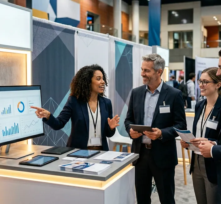 A woman presenting data charts on a monitor to three colleagues at a trade show booth.
