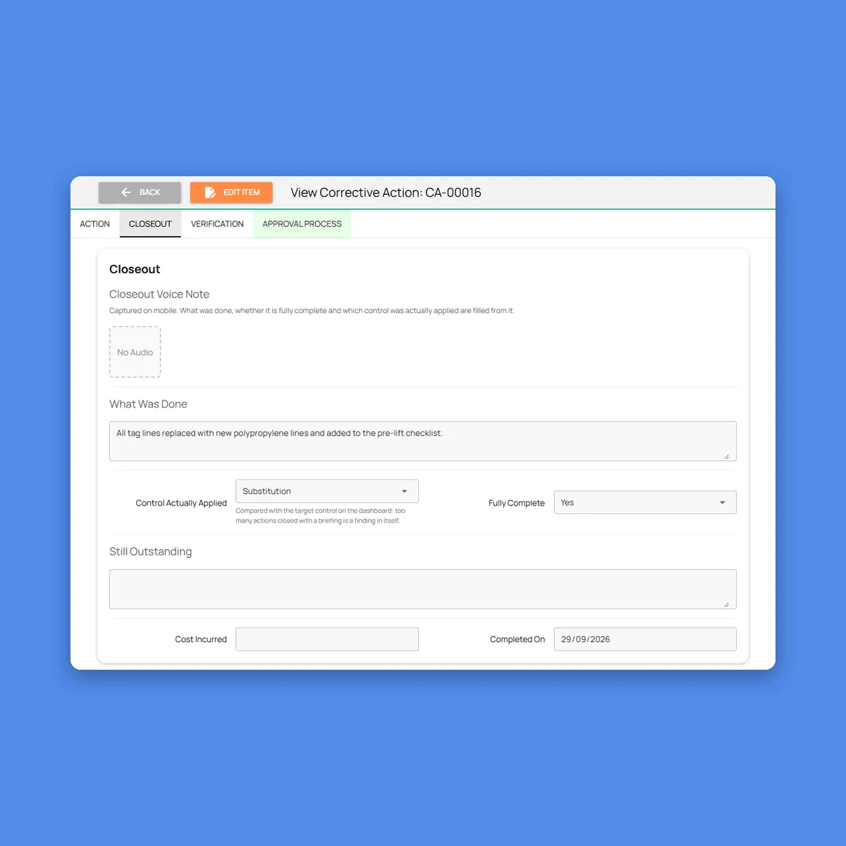 Fieldmaster.ai screen showing a corrective action close-out with what was done, the control applied and the completion date
