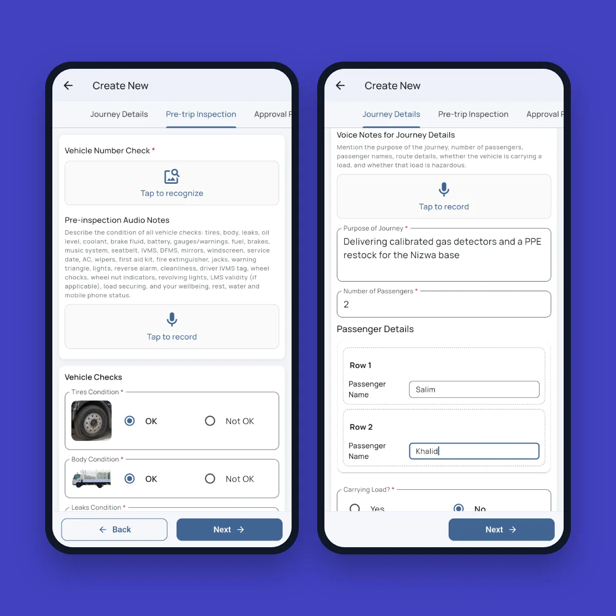 Fieldmaster Pocket journey request screens: a pre-trip inspection with photo recognition and voice notes, and journey details filled in from a voice note