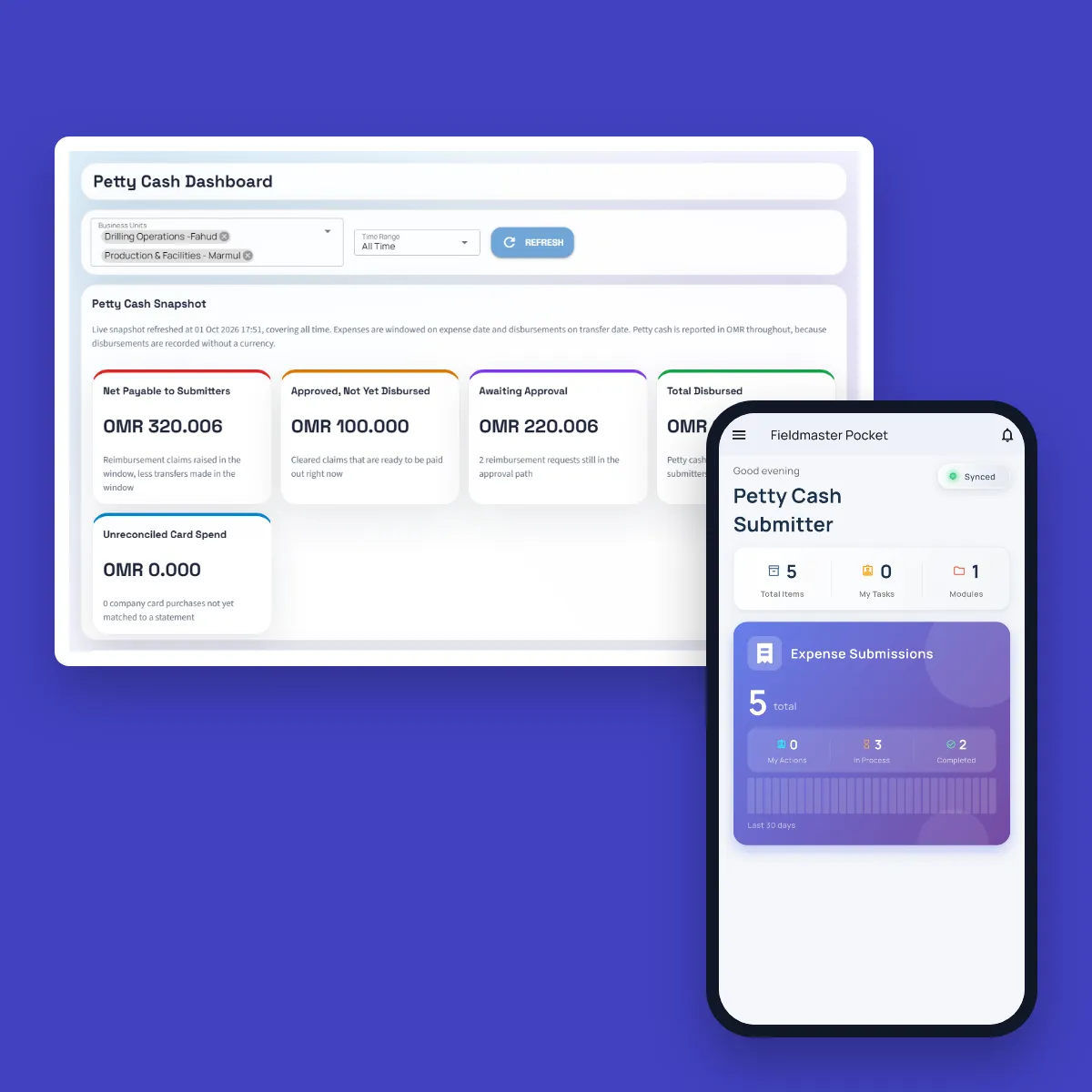 Petty Cash Dashboard in the web console with net payable to submitters, approved claims not yet disbursed, claims awaiting approval and total disbursed, next to the Fieldmaster Pocket home screen of a petty cash submitter