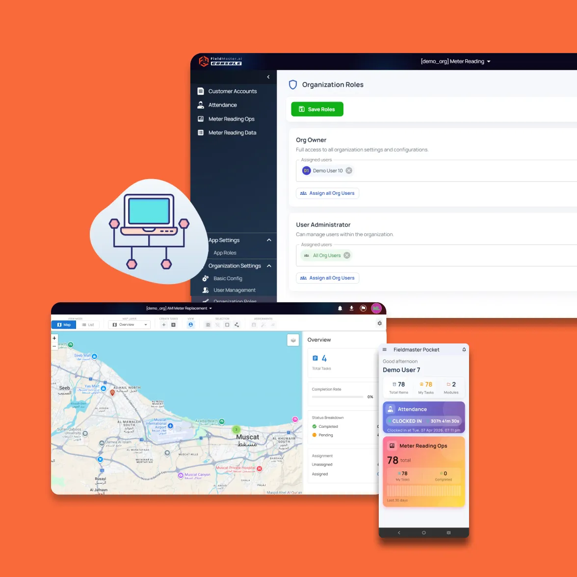 Fieldmaster.ai screens showing organization roles, a task map with assignment totals and the technician app