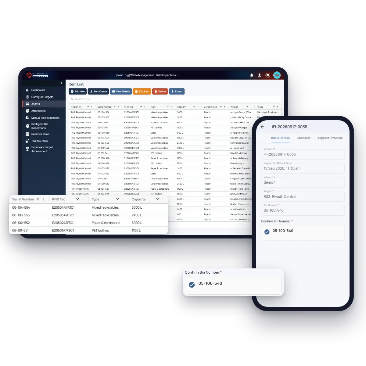 Fieldmaster.ai bin register with serial numbers, RFID tags, bin types, capacities and routes, next to an inspection in Fieldmaster Pocket with the bin number confirmed by scan