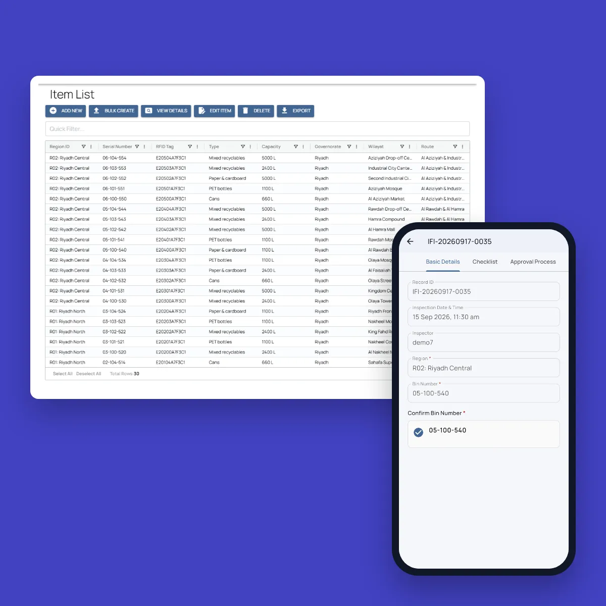 Fieldmaster.ai bin register with serial numbers, RFID tags, bin types, capacities and routes, next to an inspection in Fieldmaster Pocket with the bin number confirmed by scan
