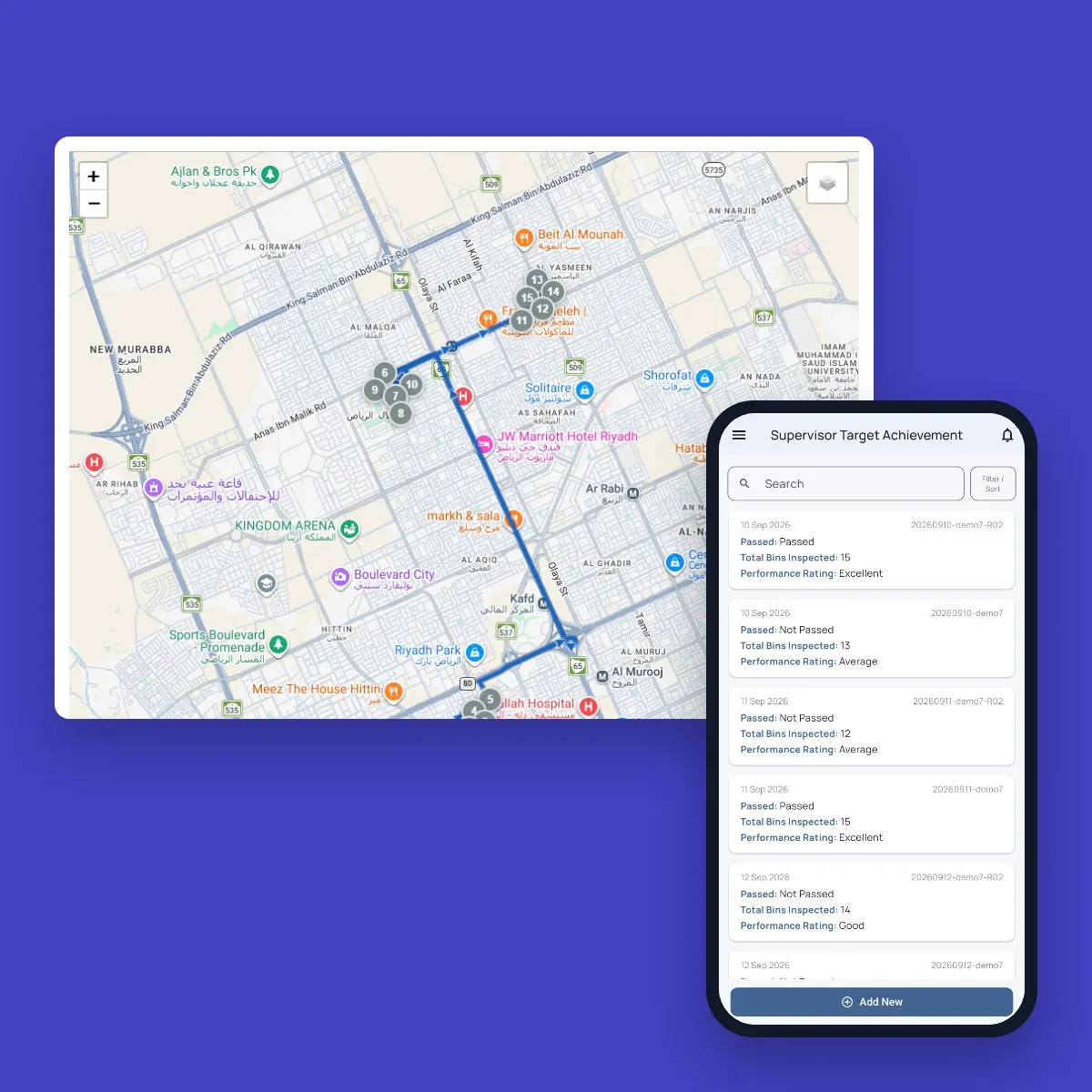 Fieldmaster.ai task map of a supervisor’s bin inspections in Riyadh North, numbered in route order, next to the daily target list in Fieldmaster Pocket