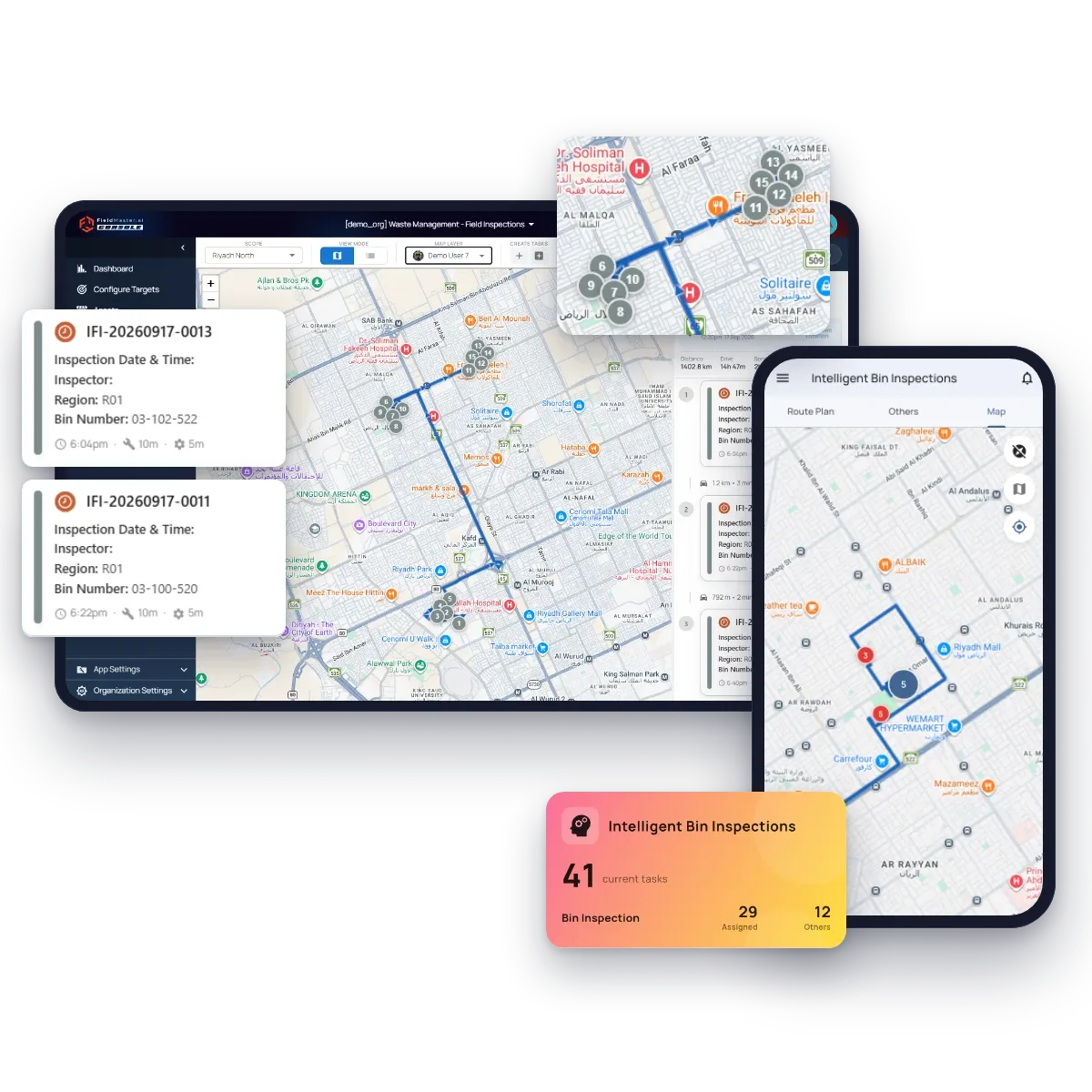 Fieldmaster.ai task map of a supervisor’s bin inspections in Riyadh North, numbered in route order, next to the same route on the map in Fieldmaster Pocket