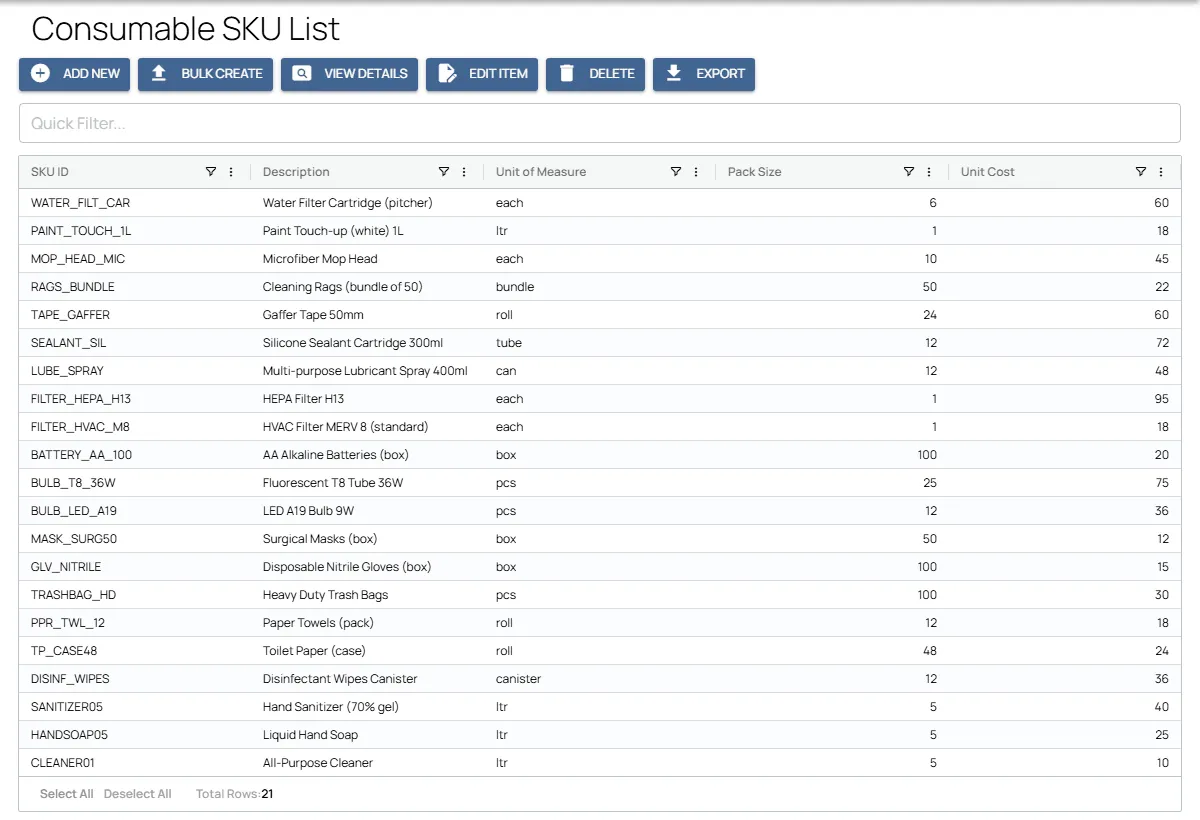 Fieldmaster.ai consumables list with SKU IDs, descriptions, units of measure, pack sizes and unit costs