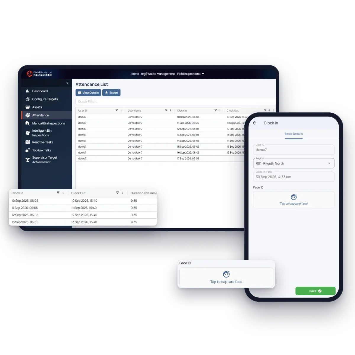 Fieldmaster.ai attendance list with clock-in and clock-out times, next to the Fieldmaster Pocket clock-in screen with region and face ID
