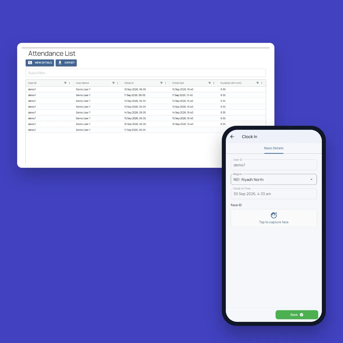 Fieldmaster.ai attendance list with clock-in and clock-out times, next to the Fieldmaster Pocket clock-in screen with region and face ID