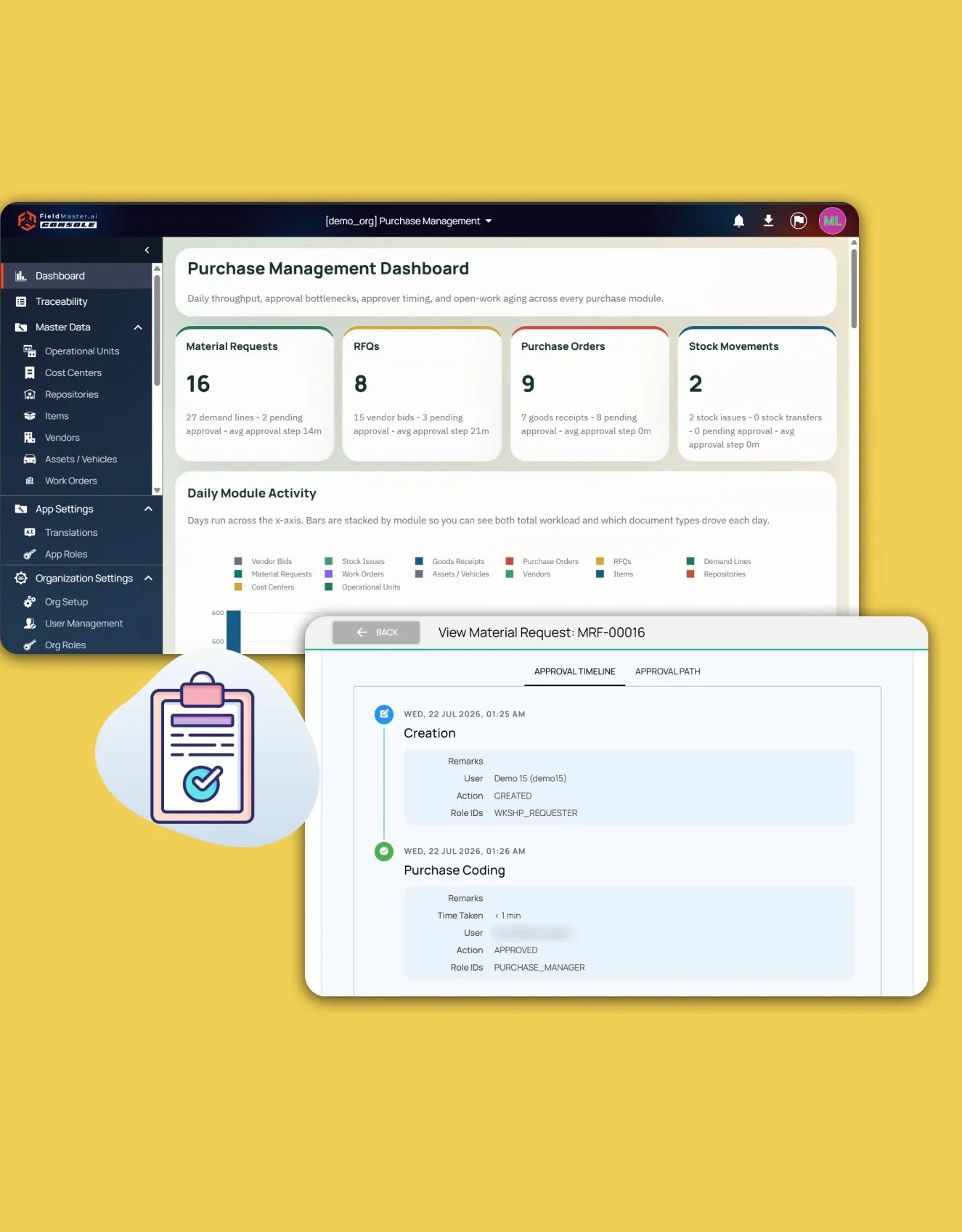 Fieldmaster.ai console with the purchase management dashboard and the approval timeline of a material request