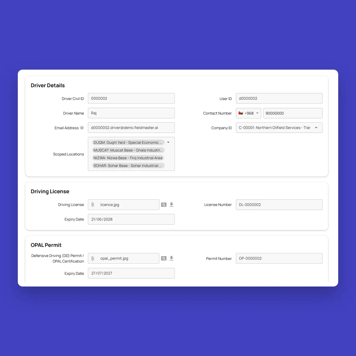 Fieldmaster.ai driver record with the driving licence and OPAL permit, each with its expiry date