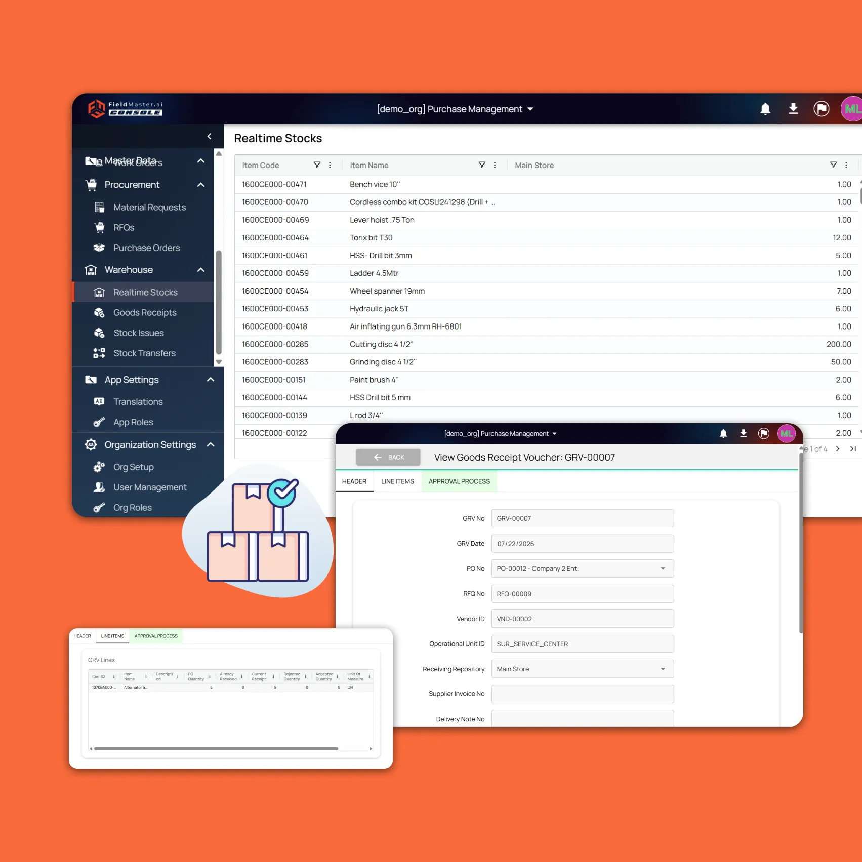 Fieldmaster.ai console showing real-time stock by item and a goods receipt voucher linked to its purchase order