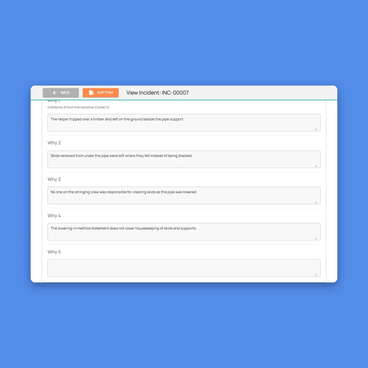 Fieldmaster.ai screen showing an incident investigation with a five-why analysis drafted by AI