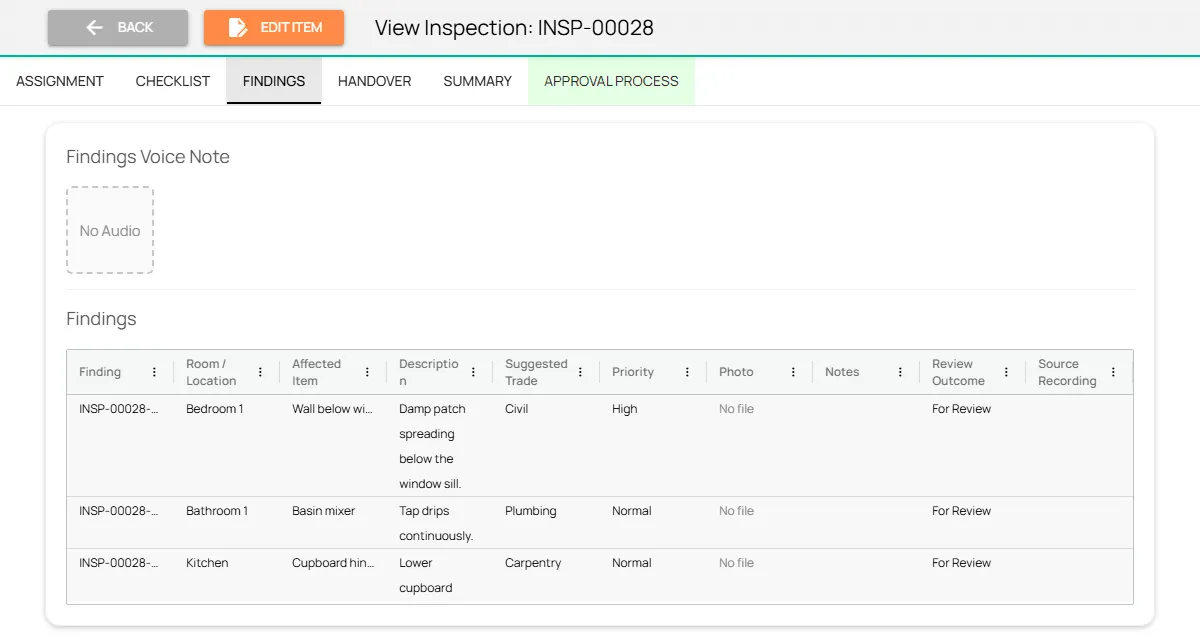 Fieldmaster.ai inspection record listing three findings with their room, affected item, description, trade and priority