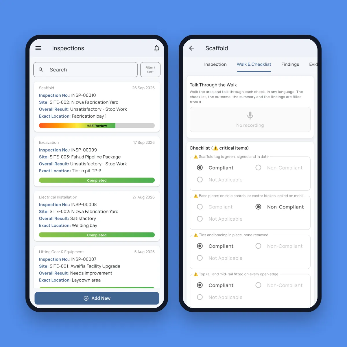 Fieldmaster Pocket screens: the list of site inspections with their results, and a scaffold inspection checklist with critical items marked