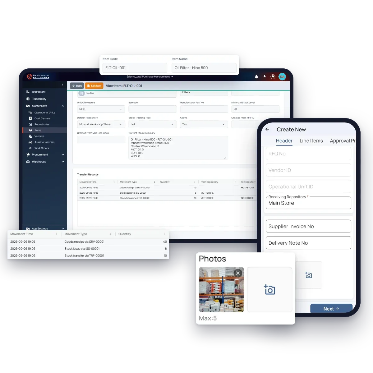 An item record in the master data in the Fieldmaster.ai web console, with its stock by store and movement history, next to a goods receipt with a photo in the mobile app