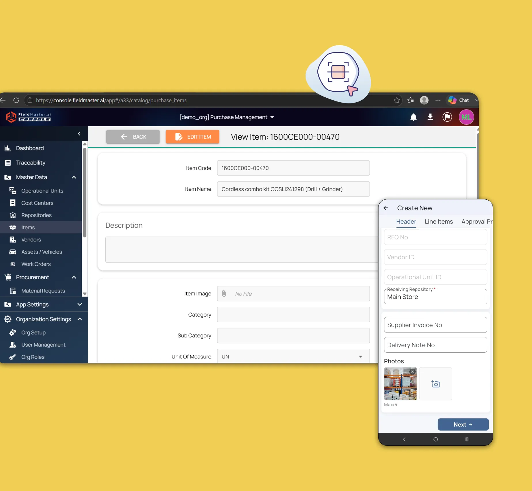 Fieldmaster.ai screen showing an item record in the master data, with a goods receipt open on the mobile app