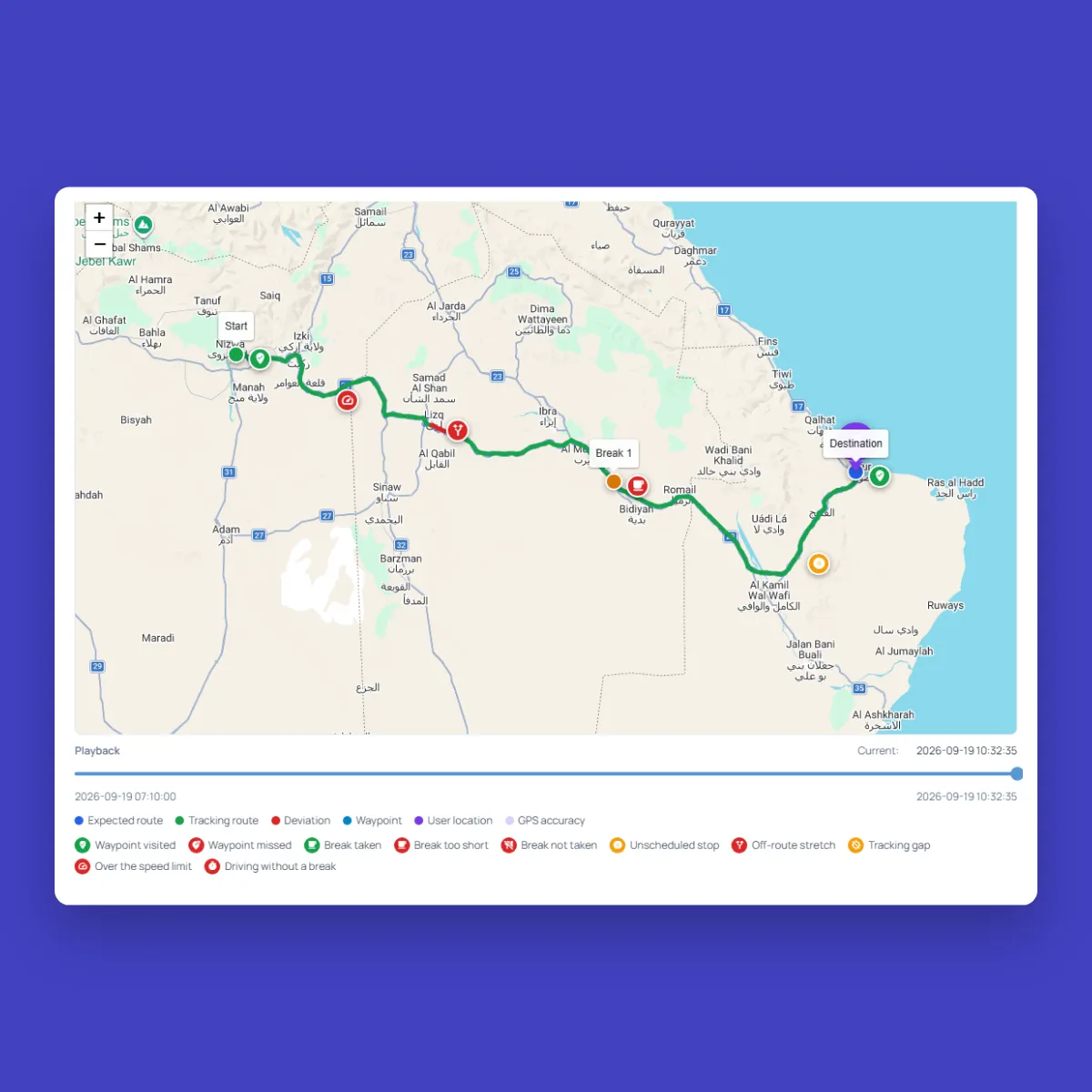 Fieldmaster.ai live telemetry map of a journey with speeding, off-route, short-break and unscheduled-stop flags along the tracked route