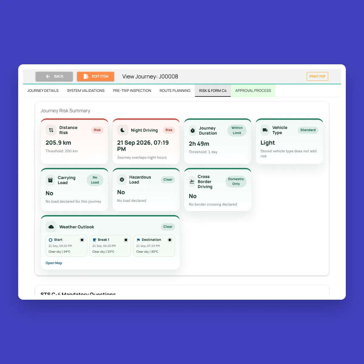 Fieldmaster.ai journey risk summary flagging distance and night driving, with duration, load, border crossing and the weather outlook