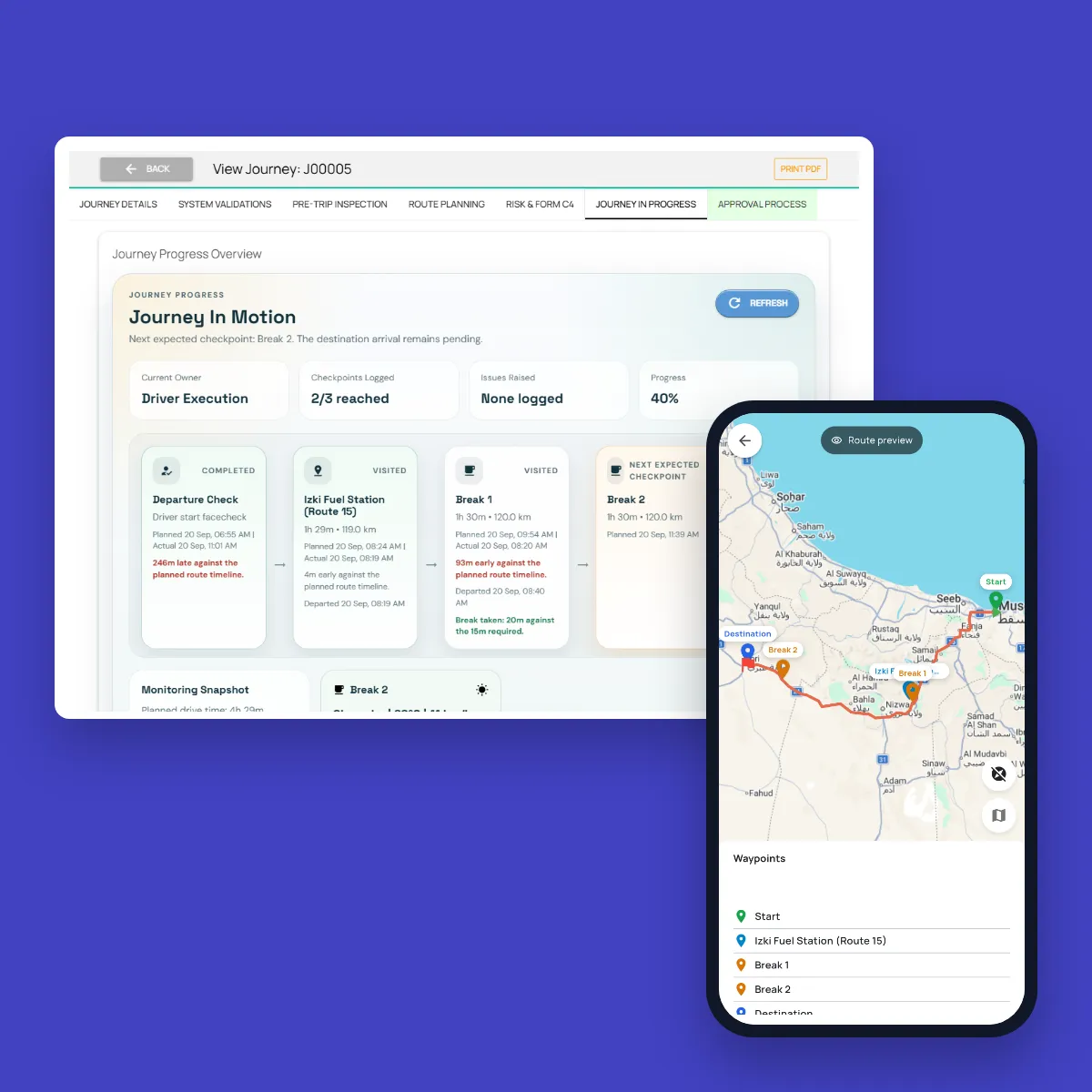 Fieldmaster.ai journey in progress with each checkpoint reached or pending, next to the route preview in Fieldmaster Pocket