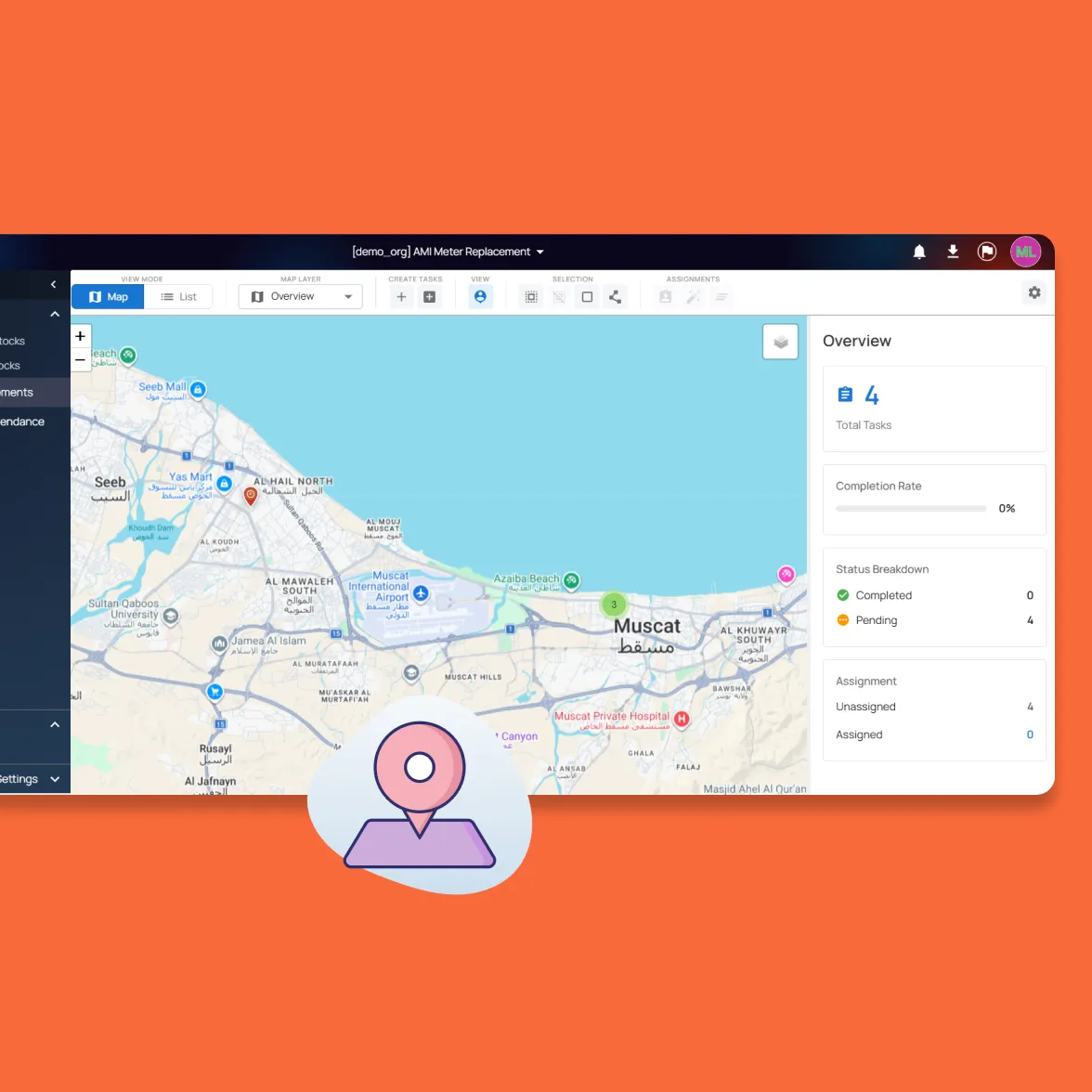 Fieldmaster.ai screen showing a live task map with totals, completion rate and assignment status