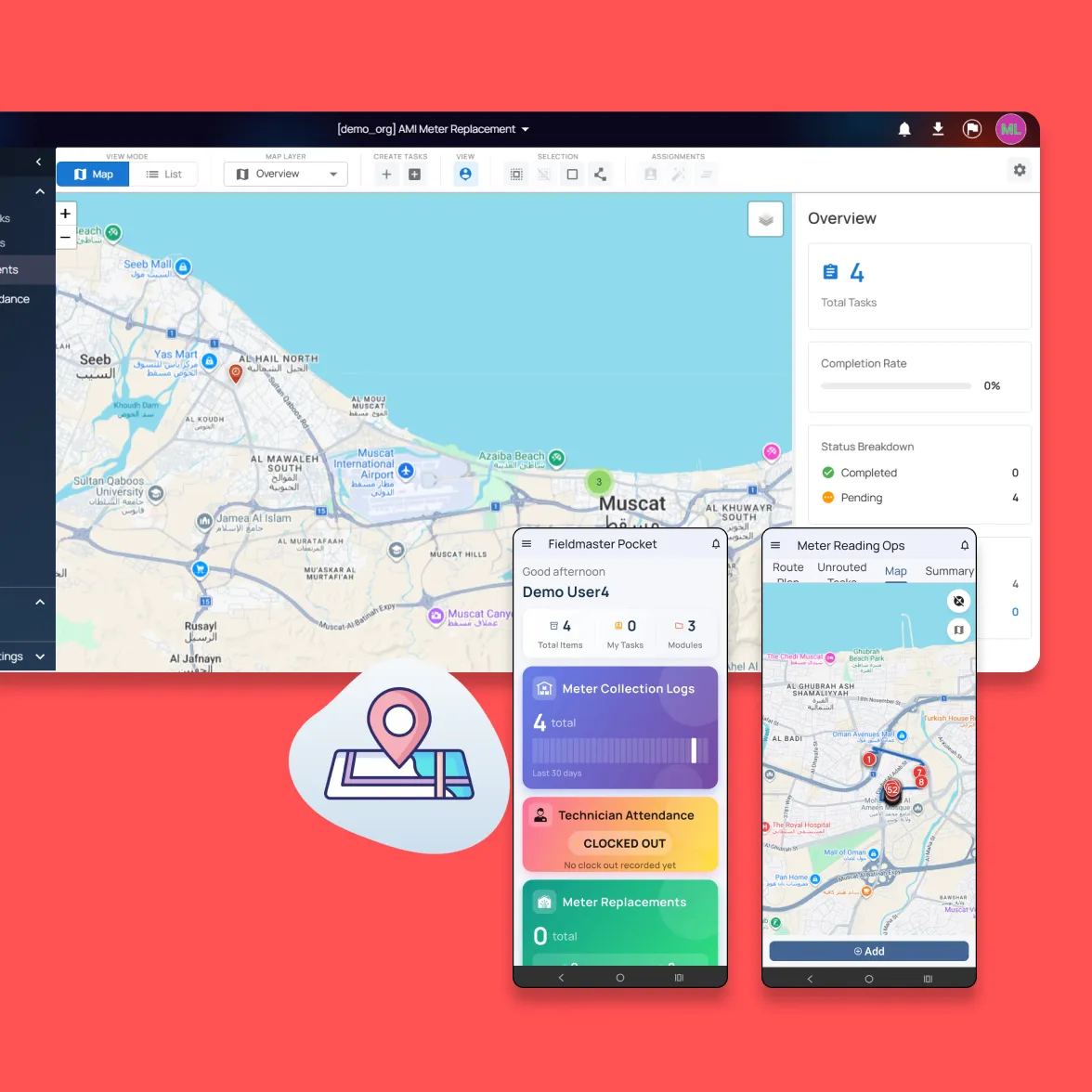 Fieldmaster.ai screen showing meter replacement tasks on a map of Muscat, with the technician app alongside