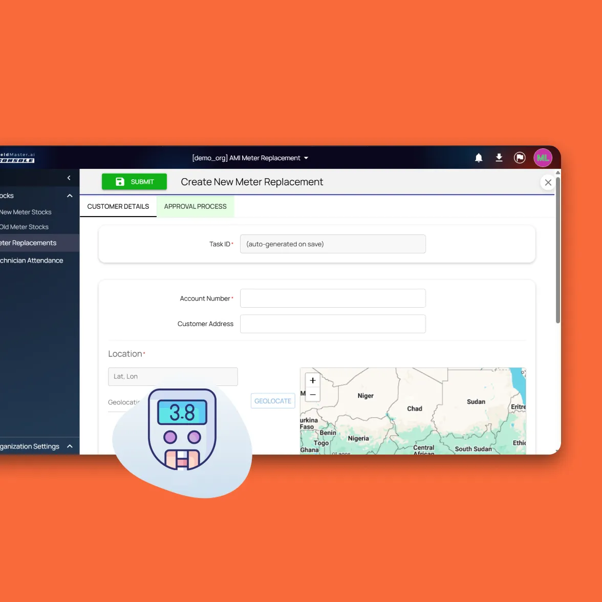 Fieldmaster.ai screen showing a new meter replacement form with customer details and an approval process tab