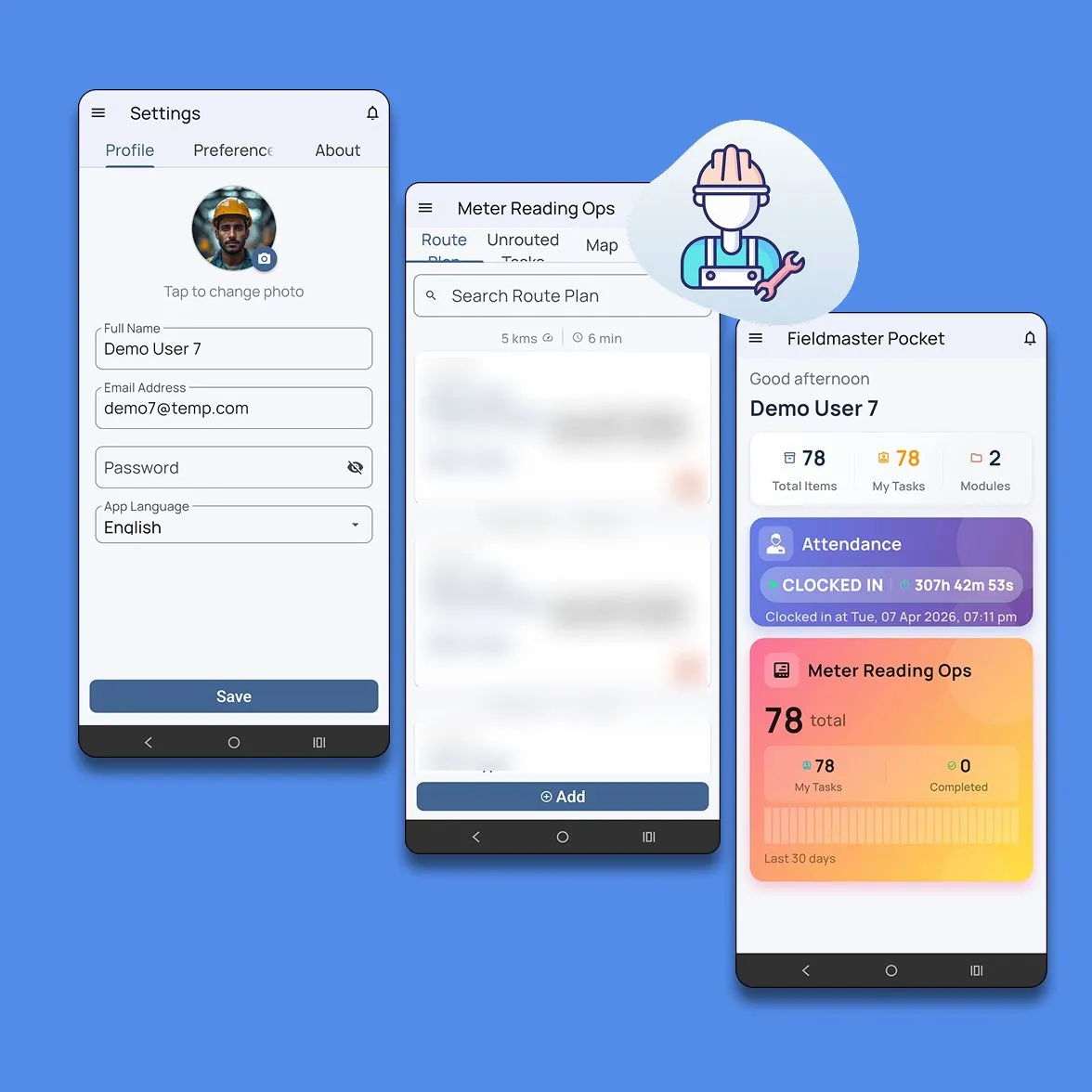 Fieldmaster.ai technician app showing the home screen, a meter reading route plan and profile settings