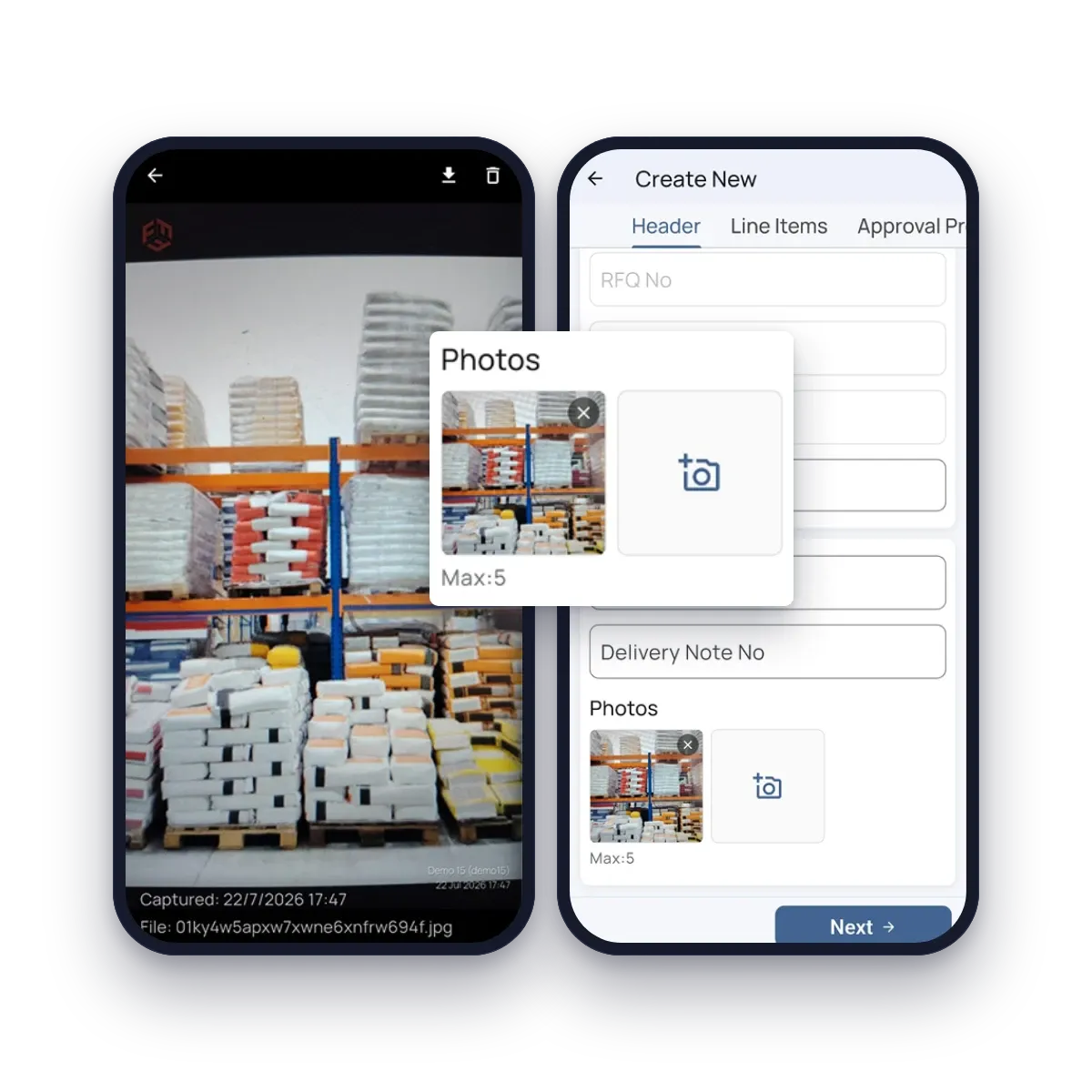 Fieldmaster.ai mobile app capturing a timestamped photo of delivered goods for a goods receipt