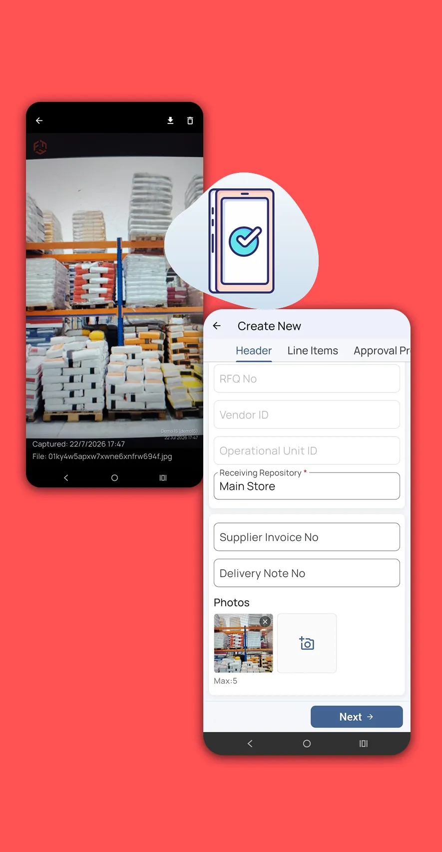 Fieldmaster.ai mobile app capturing a timestamped photo of delivered goods for a goods receipt