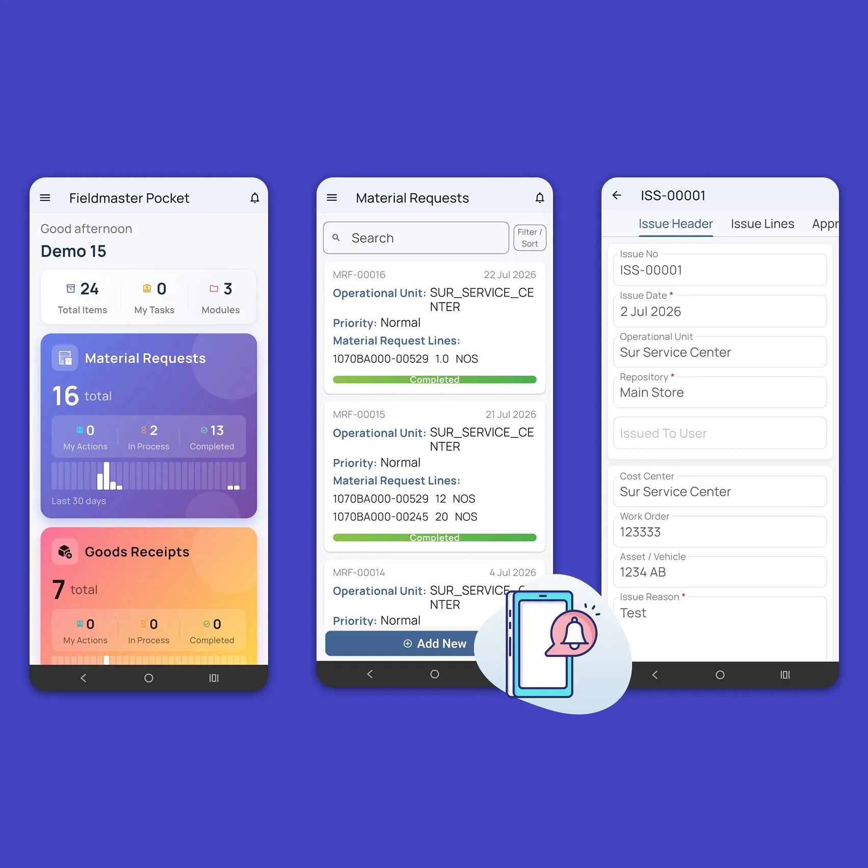 Fieldmaster.ai mobile app screens showing the home dashboard, a list of material requests and a stock issue