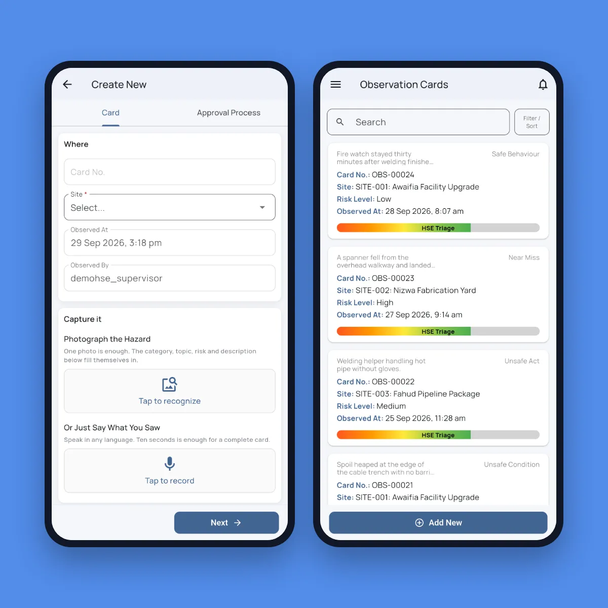 Fieldmaster Pocket screens: a new observation card with photo and voice capture, and the list of observation cards with their risk level and status