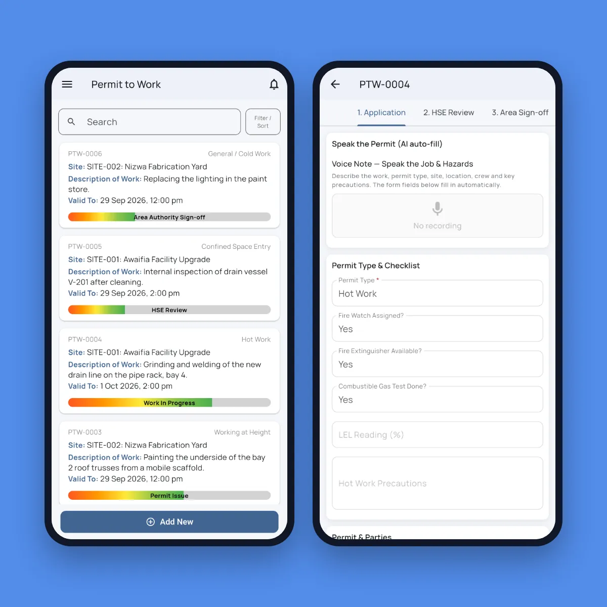 Fieldmaster Pocket screens: the permit to work list with each permit’s stage, and a hot work permit with a voice note to speak the job and hazards above its checklist