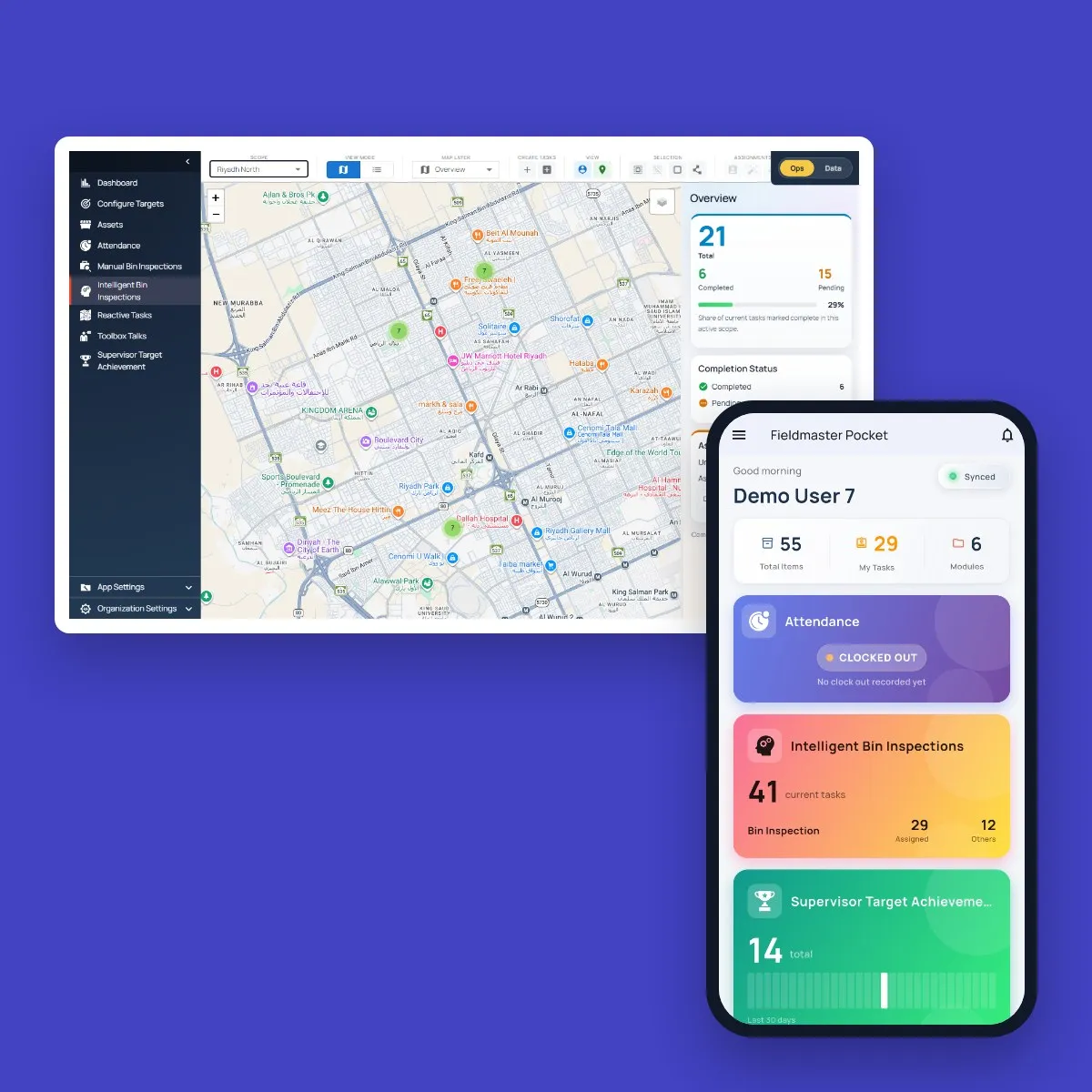 Fieldmaster.ai web console with a live map of the day’s bin inspections and an overview of completed and pending tasks, next to a supervisor’s Fieldmaster Pocket home screen with attendance, inspection and target cards