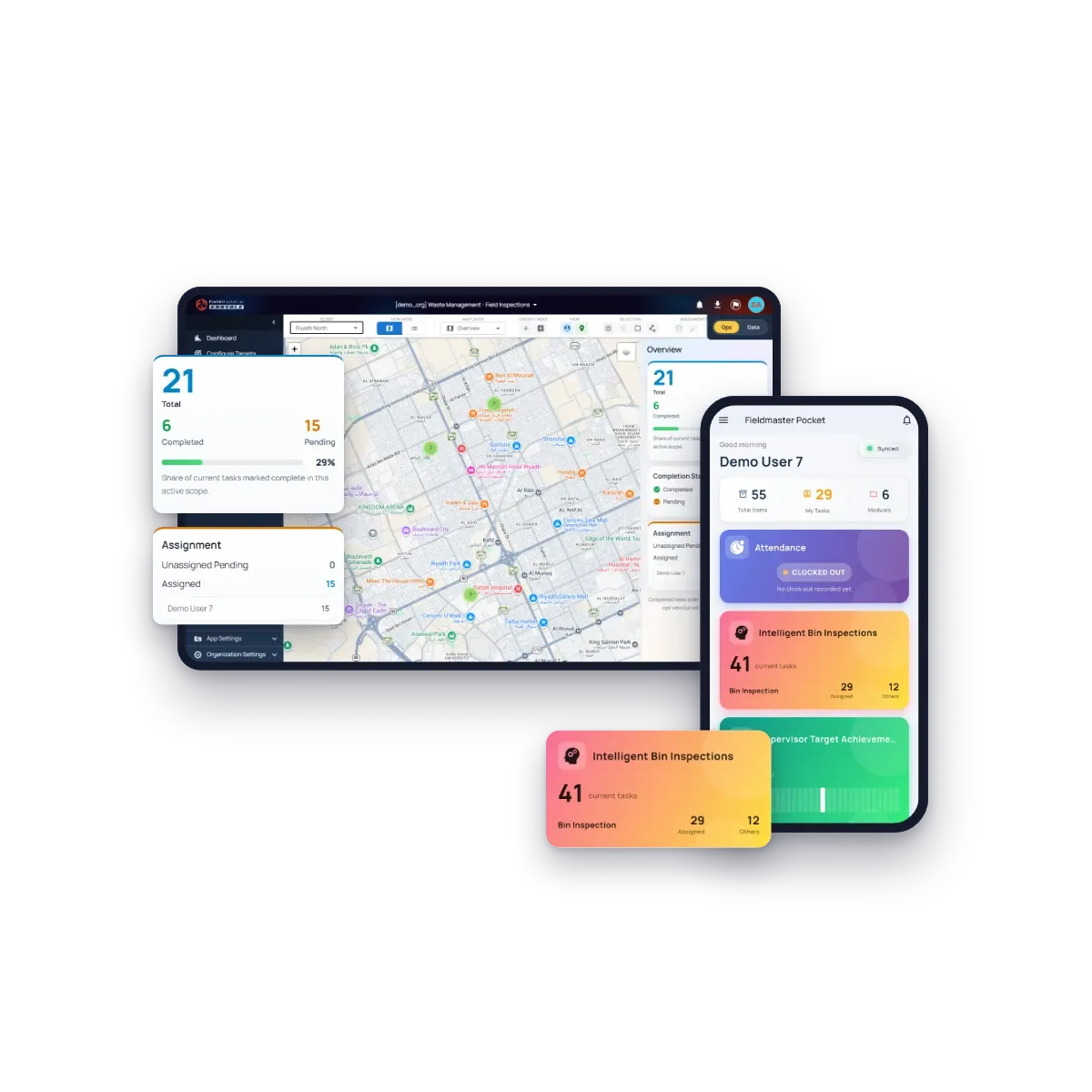Fieldmaster.ai web console with a live map of the day’s bin inspections and an overview of completed and pending tasks, next to a supervisor’s Fieldmaster Pocket home screen with attendance, inspection and target cards