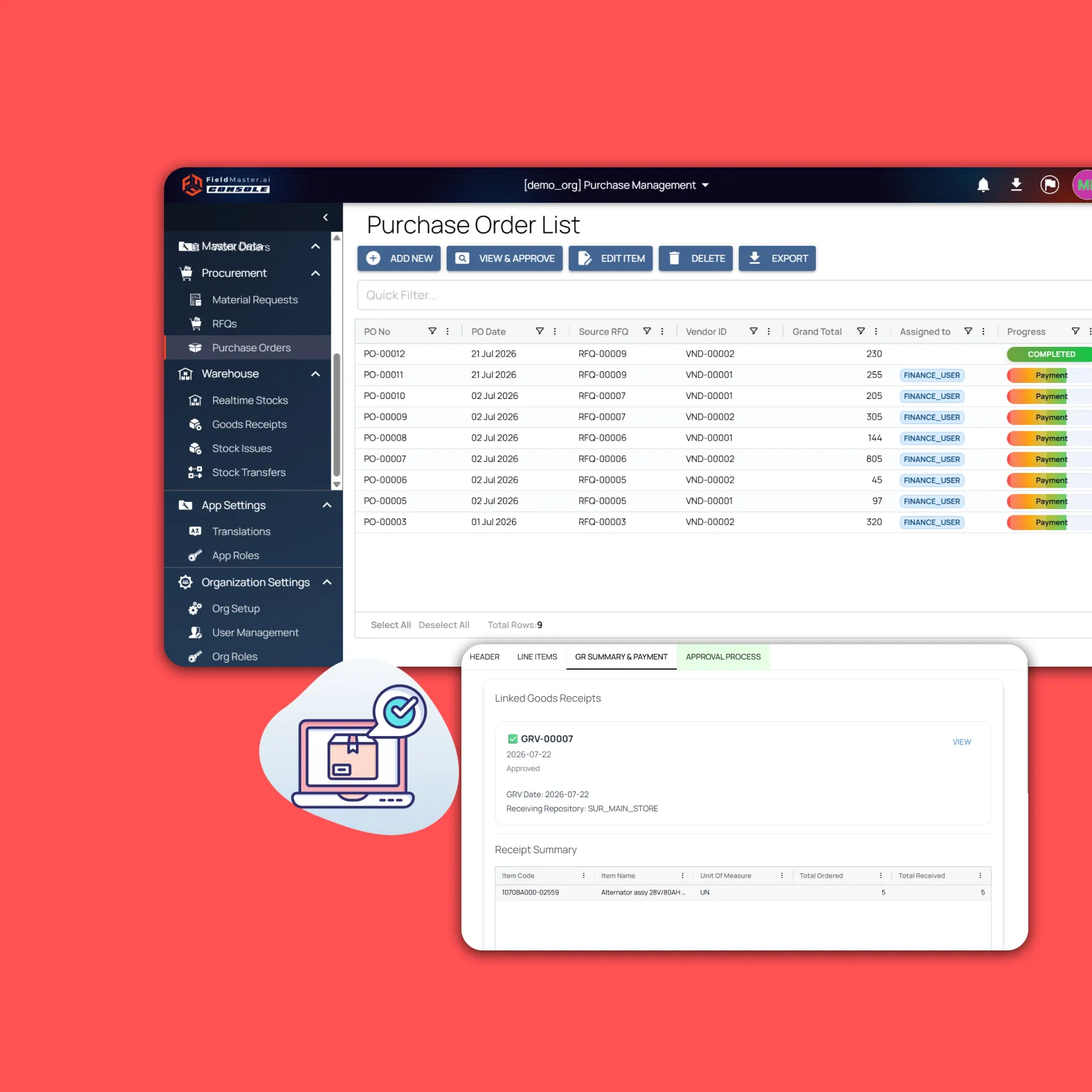 Fieldmaster.ai screen showing the purchase order list and the goods receipt summary for one order