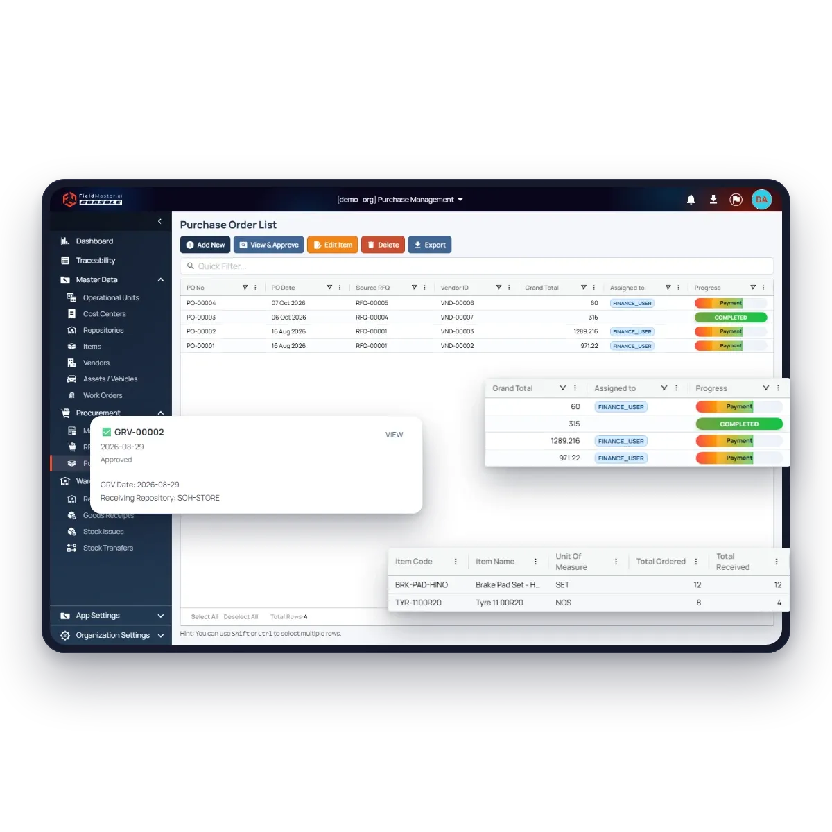 Purchase order list in the Fieldmaster.ai web console with each order’s progress, the goods receipt linked to one order and its ordered and received quantities