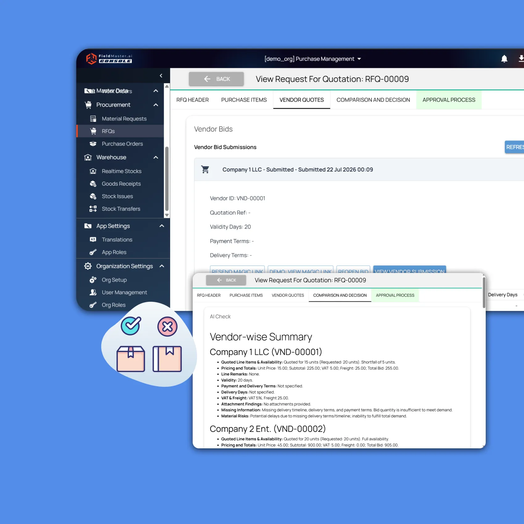 Fieldmaster.ai screens showing vendor bids for a Request for Quotation and the AI Check vendor-by-vendor summary