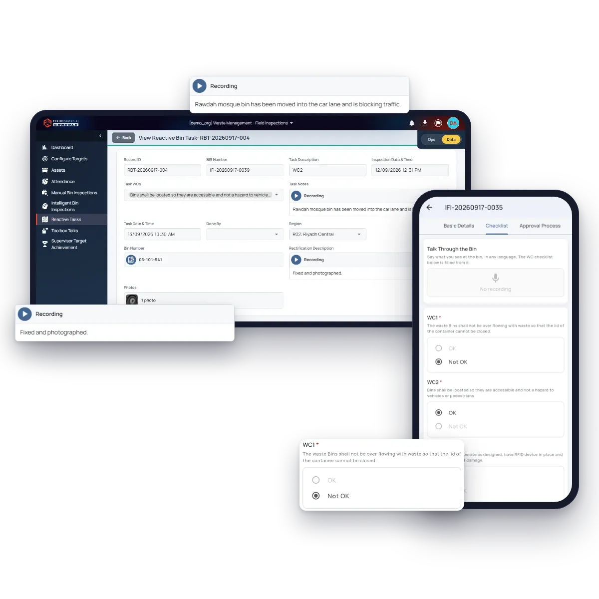 Fieldmaster.ai follow-up task raised from a bin inspection, with the task note and the rectification, next to the inspection checklist in Fieldmaster Pocket